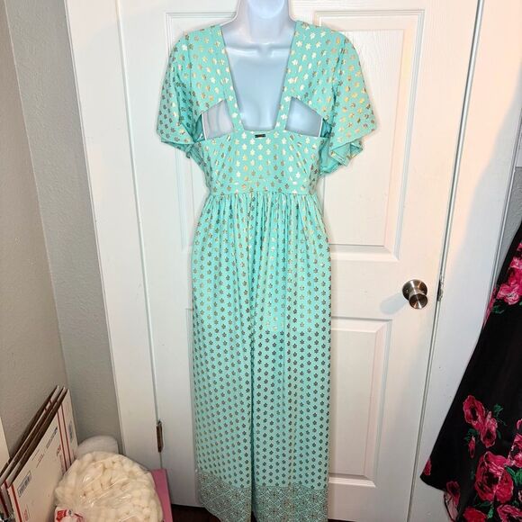 Cabana Life Deep V Flutter Sleeve Maxi Dress Metallic Floral Sea Foam M NWT - Picture 8 of 11